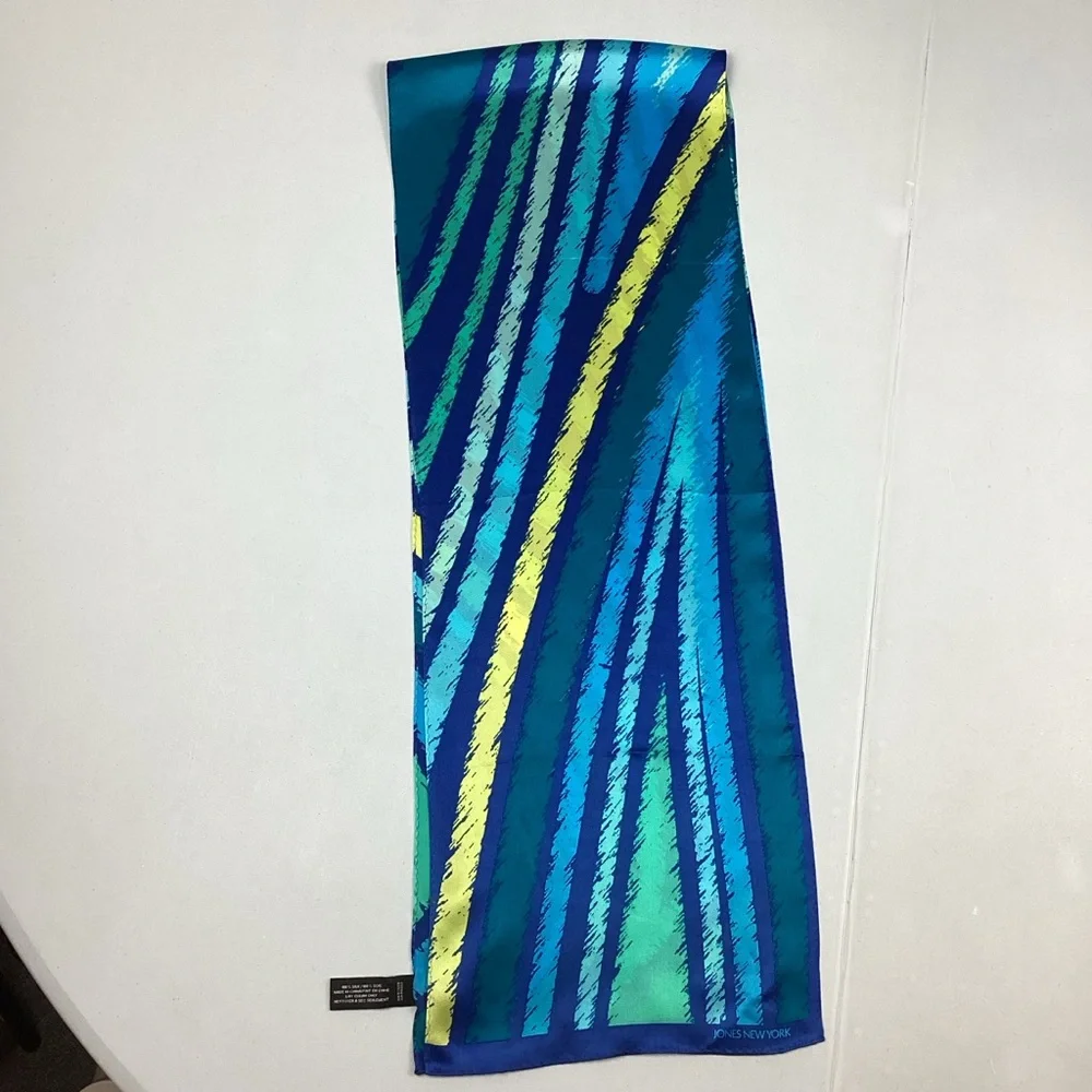 Jones New York Rectangular 100% Silk Scarf Blue Abstract Striped